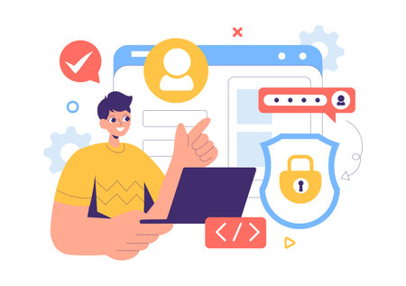 Cyber Security Vector Illustration of Data Protection, Safety Measures, and Secure Systems for Networks, Internet, and Backup Servers in a Backgroundのイラスト素材