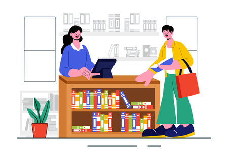 Bookstore Vector Illustration featuring a School Library Room for Studying, Reading, Education, Self Development, and Literature in a Flat Backgroundのイラスト素材