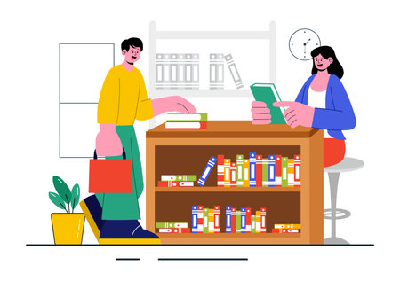 Bookstore Vector Illustration featuring a School Library Room for Studying, Reading, Education, Self Development, and Literature in a Flat Backgroundのイラスト素材