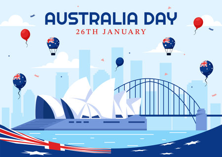 Happy Australia Day Vector Illustration Celebrating 26 January, Featuring a Map and a Waving Australian Flag in a Background for a National Holidayのイラスト素材