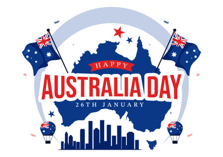 Happy Australia Day Vector Illustration Celebrating 26 January, Featuring a Map and a Waving Australian Flag in a Background for a National Holidayのイラスト素材
