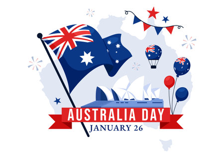 Happy Australia Day Vector Illustration Celebrating 26 January, Featuring a Map and a Waving Australian Flag in a Background for a National Holidayのイラスト素材