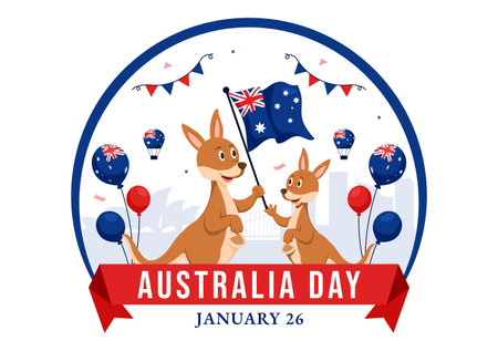 Happy Australia Day Vector Illustration Celebrating 26 January, Featuring a Map and a Waving Australian Flag in a Background for a National Holidayのイラスト素材