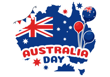 Happy Australia Day Vector Illustration Celebrating 26 January, Featuring a Map and a Waving Australian Flag in a Background for a National Holidayのイラスト素材