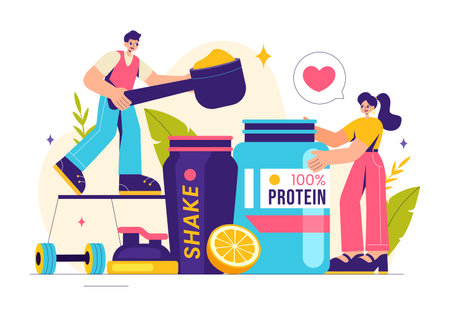 Protein Supplements Vector Illustration featuring Healthy Food, Protein Powders, and Fitness Workouts to Support Nutrition and the Body Vitaminのイラスト素材