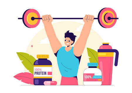 Protein Supplements Vector Illustration featuring Healthy Food, Protein Powders, and Fitness Workouts to Support Nutrition and the Body Vitaminのイラスト素材