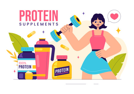 Protein Supplements Vector Illustration featuring Healthy Food, Protein Powders, and Fitness Workouts to Support Nutrition and the Body Vitaminのイラスト素材