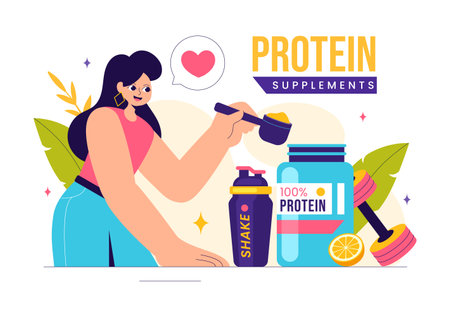 Protein Supplements Vector Illustration featuring Healthy Food, Protein Powders, and Fitness Workouts to Support Nutrition and the Body Vitaminのイラスト素材