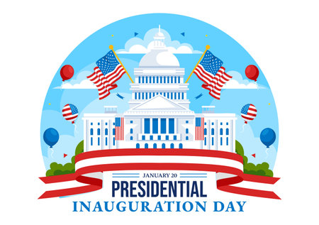 USA Presidential Inauguration Day Vector Illustration on January 20 Featuring the Capitol Building in Washington D.C. and the American Flag Designのイラスト素材