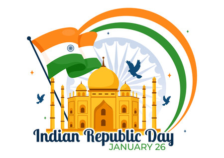 Happy India Republic Day Vector Illustration on 26 January Featuring the Indian Flag and India Gate in a National Holiday Celebration Flat Backgroundのイラスト素材