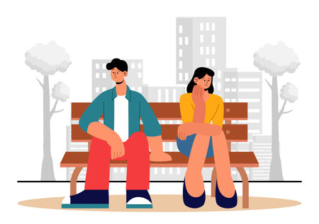 Relationship Tension Vector Illustration featuring a Young Couple Arguing and Sitting Separately, Expressing Disagreement in a Flat Cartoon Backgroundのイラスト素材