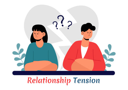 Relationship Tension Vector Illustration featuring a Young Couple Arguing and Sitting Separately, Expressing Disagreement in a Flat Cartoon Backgroundのイラスト素材