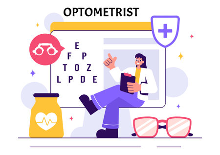 Optometrist Vector Illustration featuring an Ophthalmologist Examining a Patient's Vision, Optical Eye Tests, and Advanced Spectacles Technologyのイラスト素材