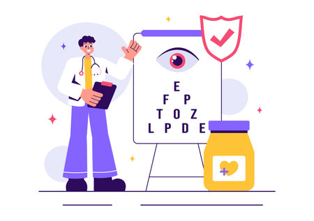 Optometrist Vector Illustration featuring an Ophthalmologist Examining a Patient's Vision, Optical Eye Tests, and Advanced Spectacles Technologyのイラスト素材