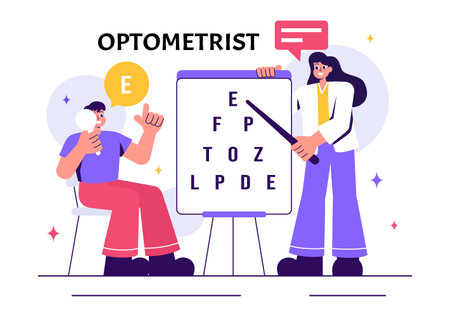 Optometrist Vector Illustration featuring an Ophthalmologist Examining a Patient's Vision, Optical Eye Tests, and Advanced Spectacles Technologyのイラスト素材