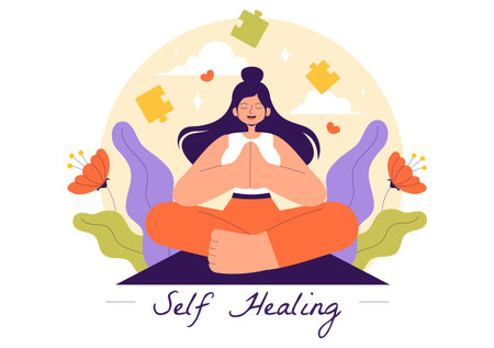 Self Healing Vector Illustration featuring a Woman Meditating and Restoring Mental Health and Inner Harmony through Yoga in a Flat Style Backgroundのイラスト素材
