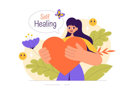 Self Healing Vector Illustration featuring a Woman Meditating and Restoring Mental Health and Inner Harmony through Yoga in a Flat Style Backgroundのイラスト素材