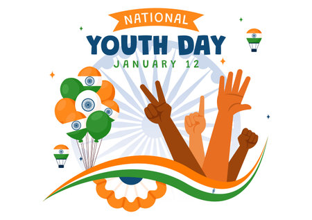 Happy International Youth Day in India Vector Illustration Celebrating 12 January with an Indian Waving Flag in a Flat Style Cartoon Backgroundのイラスト素材