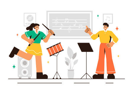 Music School Illustration Featuring Various Musical Instruments, Learning Music Education, and Performing as Musicians and Singers in a Backgroundのイラスト素材