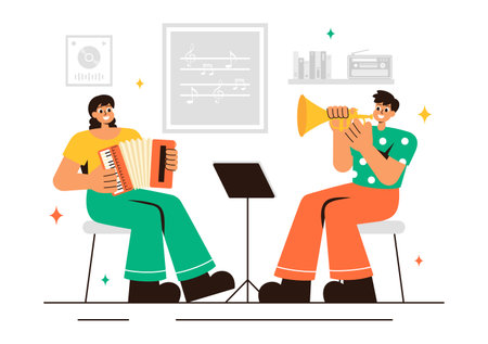 Music School Illustration Featuring Various Musical Instruments, Learning Music Education, and Performing as Musicians and Singers in a Backgroundのイラスト素材