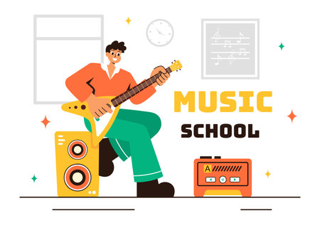 Music School Illustration Featuring Various Musical Instruments, Learning Music Education, and Performing as Musicians and Singers in a Backgroundのイラスト素材