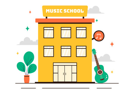 Music School Illustration Featuring Various Musical Instruments, Learning Music Education, and Performing as Musicians and Singers in a Backgroundのイラスト素材