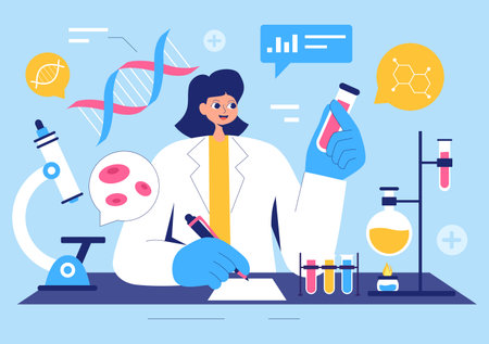 Biomarkers Vector Illustration featuring Biomarker DNA Biology Evidence, Nanotechnology, Structural Chemical Formulas, and Molecular Modelsのイラスト素材