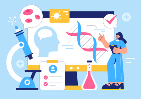 Biomarkers Vector Illustration featuring Biomarker DNA Biology Evidence, Nanotechnology, Structural Chemical Formulas, and Molecular Modelsのイラスト素材