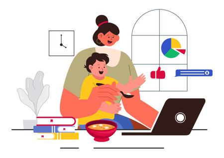 Working Mom's Life Vector Illustration Featuring a Mother Balancing Work and Childcare at Home, Multitasking in a Flat Style Cartoon Backgroundのイラスト素材
