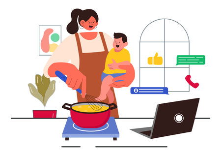 Working Mom's Life Vector Illustration Featuring a Mother Balancing Work and Childcare at Home, Multitasking in a Flat Style Cartoon Backgroundのイラスト素材