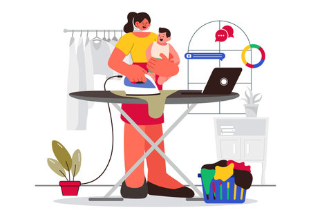 Working Mom's Life Vector Illustration Featuring a Mother Balancing Work and Childcare at Home, Multitasking in a Flat Style Cartoon Backgroundのイラスト素材