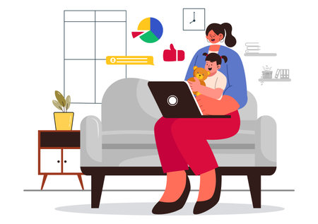 Working Mom's Life Vector Illustration Featuring a Mother Balancing Work and Childcare at Home, Multitasking in a Flat Style Cartoon Backgroundのイラスト素材