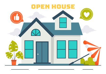 Open House Vector Illustration for Property Inspection, Real Estate Services, and Welcoming New Homeowners in a Flat Cartoon Background Designのイラスト素材