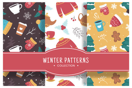 Charming Winter Seamless Pattern Design Featuring Decorative Elements in a Hand Drawn Cartoon Style Illustration Templateのイラスト素材