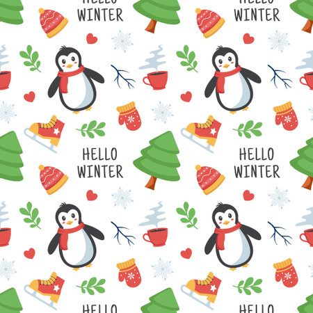 Charming Winter Seamless Pattern Design Featuring Decorative Elements in a Hand Drawn Cartoon Style Illustration Templateのイラスト素材