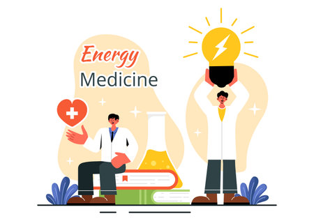 Energy Medicine Vector Illustration featuring Alternative Healing Practices to Help People Relax and Promote Wellness in a Flat Style Backgroundのイラスト素材