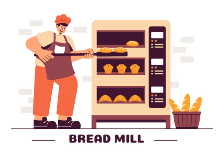 Bread Mill Vector Illustration featuring Wheat Sacks, Assorted Breads, and a Windmill for Bakery Products in a Flat Style Cartoon Backgroundのイラスト素材