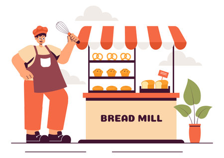 Bread Mill Vector Illustration featuring Wheat Sacks, Assorted Breads, and a Windmill for Bakery Products in a Flat Style Cartoon Backgroundのイラスト素材