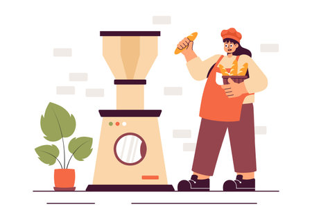 Bread Mill Vector Illustration featuring Wheat Sacks, Assorted Breads, and a Windmill for Bakery Products in a Flat Style Cartoon Backgroundのイラスト素材