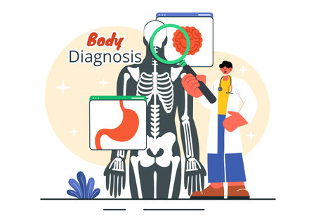 Body Diagnosis Vector Illustration featuring an X-ray Machine and MRI Scanner Examining the Human Body for Organ and Joint Health in a Flat Backgroundのイラスト素材