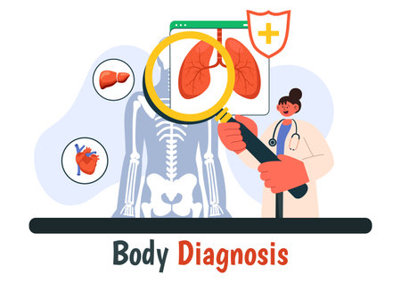 Body Diagnosis Vector Illustration featuring an X-ray Machine and MRI Scanner Examining the Human Body for Organ and Joint Health in a Flat Backgroundのイラスト素材