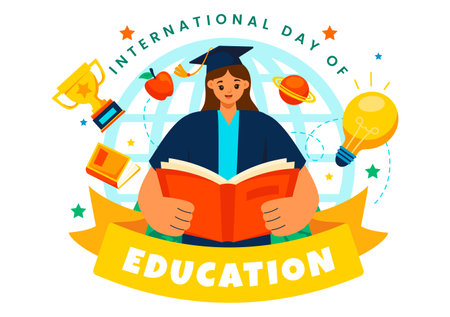 International Education Day Vector Illustration on January 24, Featuring Students, a Globe, and Educational Elements in a Flat Style Backgroundのイラスト素材