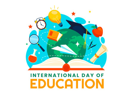 International Education Day Vector Illustration on January 24, Featuring Students, a Globe, and Educational Elements in a Flat Style Backgroundのイラスト素材