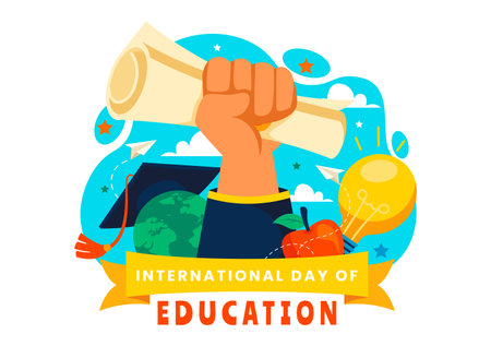 International Education Day Vector Illustration on January 24, Featuring Students, a Globe, and Educational Elements in a Flat Style Backgroundのイラスト素材