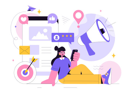 Public Relations Vector Illustration featuring a Team Developing Marketing Campaign Ideas Through Mass Media to Advertise Your Business in Backgroundのイラスト素材