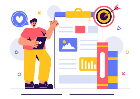 Digital Publishing Vector Illustration featuring Blog Content Marketing, Writing for Social Media, and Webpage Organization in a Flat Style Backgroundのイラスト素材