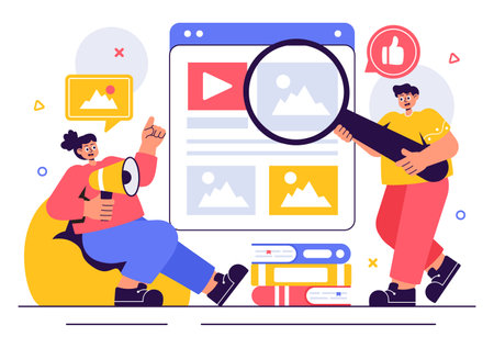 Digital Publishing Vector Illustration featuring Blog Content Marketing, Writing for Social Media, and Webpage Organization in a Flat Style Backgroundのイラスト素材