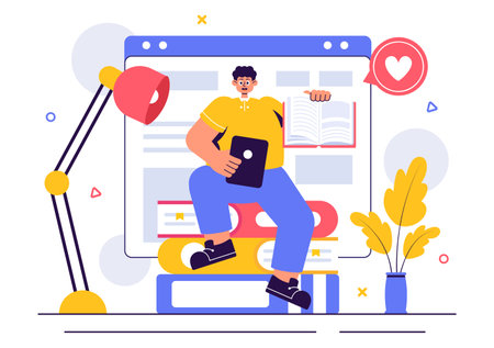 Digital Publishing Vector Illustration featuring Blog Content Marketing, Writing for Social Media, and Webpage Organization in a Flat Style Backgroundのイラスト素材