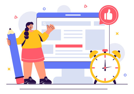 Digital Publishing Vector Illustration featuring Blog Content Marketing, Writing for Social Media, and Webpage Organization in a Flat Style Backgroundのイラスト素材