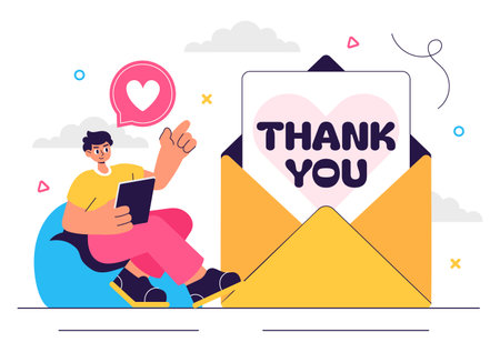 Thank You Vector Illustration Featuring a Letter in an Envelope, Perfect for Posters, Web Banners, Brochures, or Cards in a Flat Style Backgroundのイラスト素材
